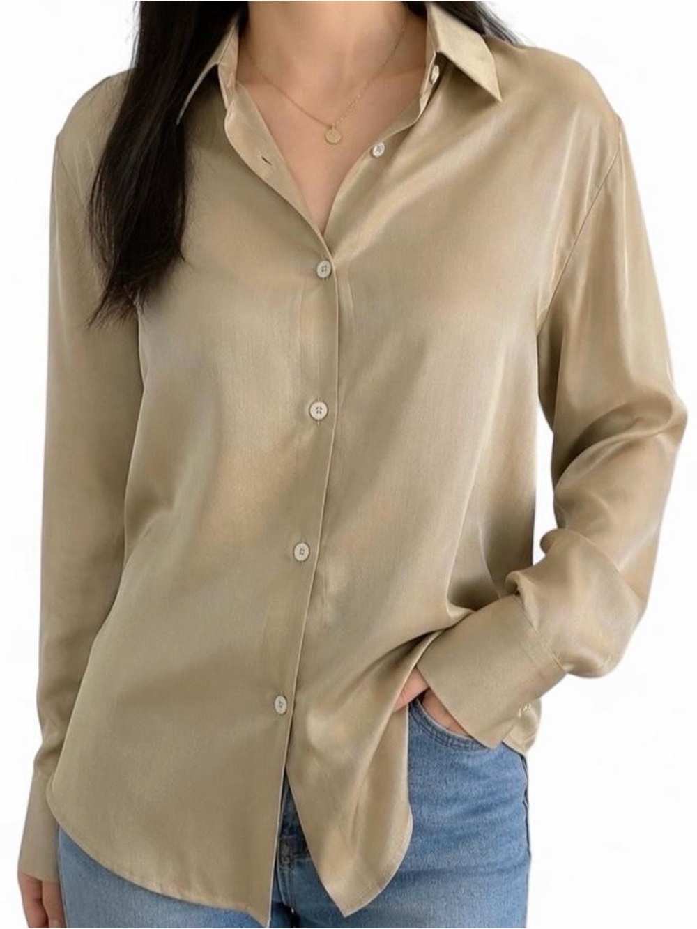 Satin Button-Down Shirt in Gold
